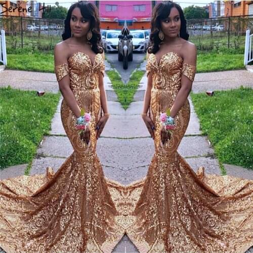 Gold Mermaid Sparkle High-end Sleeveless Evening Dresses 2020 Off Shoulder Sexy Formal Dress Serene Hill LA70555