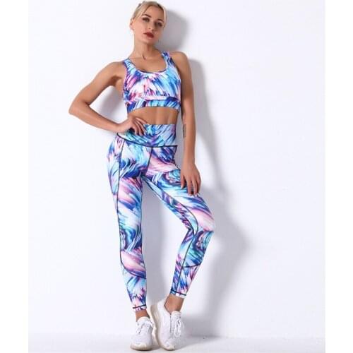 10 Style Colorful Printing Women Suits Sportswear Mujer Fitness Sets Push Up Gym Suit 2 Pcs High Waist Polyester Set With Pocket
