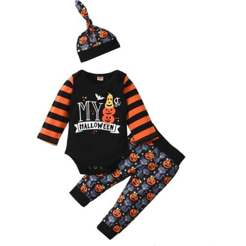 3Pcs Halloween Baby Girls Boys Outfit Pumpkin Letter Printing Long Sleeve Round Collar Romper+Long Pants+Cap Childrens Clothing