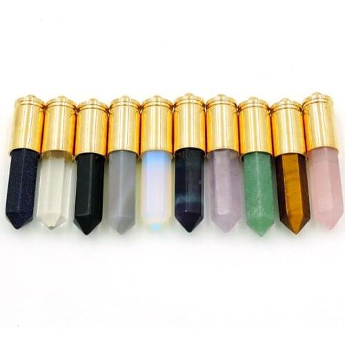 Amethys t/Grey Agat e/ Tiger Eye Hexagon Pillar Point Pendants Stones Glued With Copper Bullet Caps Of Plating Gold 45*10 mm