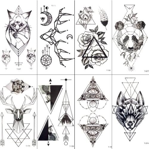 Black Geometric Cat Temporary Tattoo Moon Deer Rose Tattoo Stickers Women Party Body Arm Art Fake Tattoo Leaf Men Flower Hands