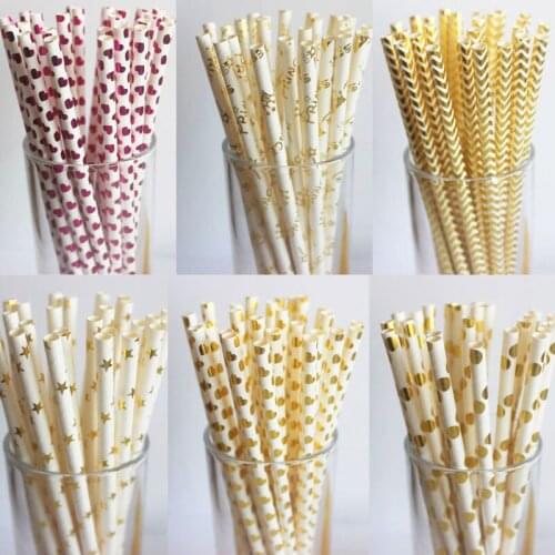 Metallic Gold Dot Heart Drinking Paper Straws Christmas Wedding Luau Decoration Bridal Party Supplies Silver Foiled Paper Straws