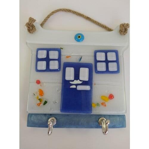 Decorative Hook Fused Glass Blue Hause Key Holder with Evil Eye Turkish Pendant Wall Decor Amulet Handmade Glass Pendant