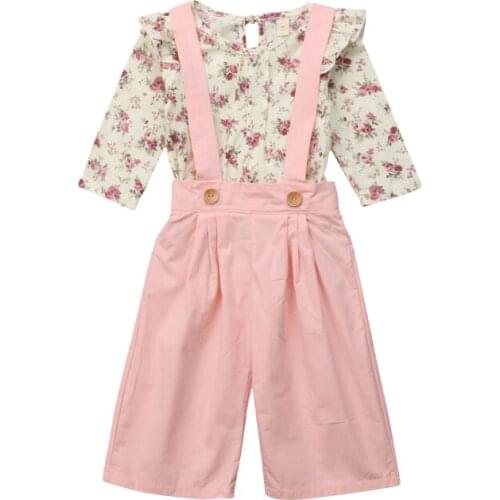 Toddler Kids Baby Girls 2PCS Clothes Bebe Sweet Pink Overalls Floral Tops+Wide Leg Pants Overall Outfits girls wear