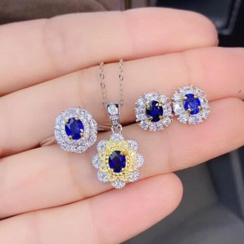 Hot Sale Sapphire Set Natural And Real Sapphire Jewelry Set 925 Sterling Silver 1pc Ring,1pc Pendant,2pcs Earring