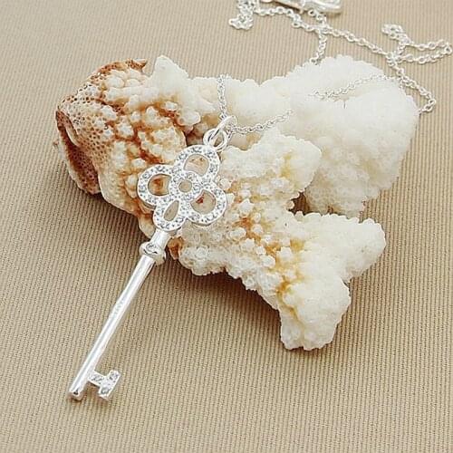 Hot Sale 925 Sterling Silver Four-Leaf Clover Cubic Zircon Round Key Pendant Necklaces For Women Silver Jewelry