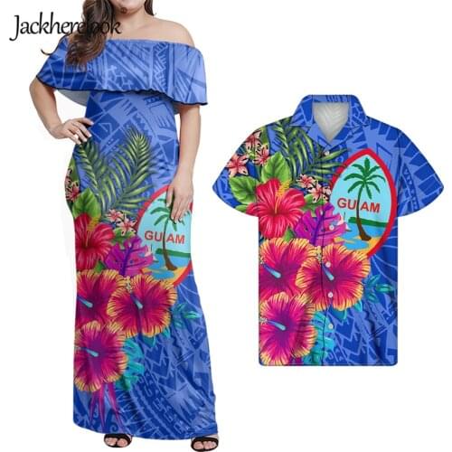 Jackherelook Blue Polynesian Gaum Tattoo Hibiscus Plumeria Printed Elegant Party Bodycon Maxi Dress Summer Off Shoulder Dresses