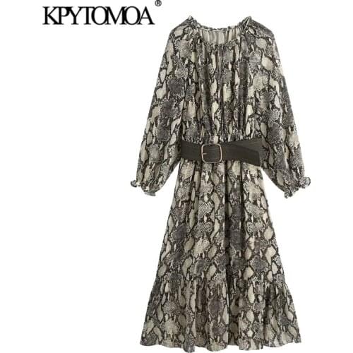 KPYTOMOA Women 2020 Chic Fashion With Belt Snake Print Ruffled Midi Dress Vintage Long Sleeve Elastic Waist Female Dresses Mujer