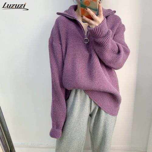 Luzuzi 2021 Autumn Winter New Turtleneck Thick Solid Color Sweater Women Zipper Pullover Casual Loose Knit Top Female Jumper