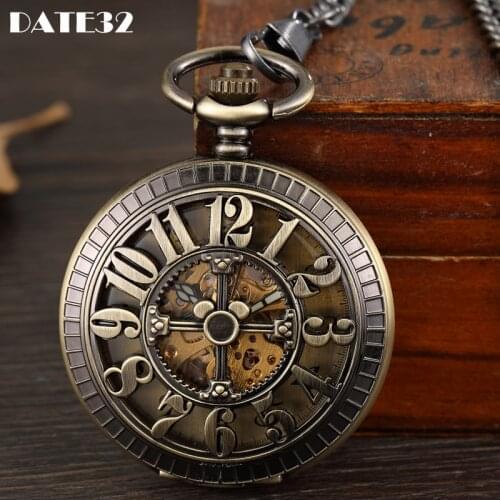 Big Number Mechanical Pocket Watch Antique Skeleton Dial Fob Chain Hollow Case Hanging Clock with Gift Box for Men Dropshipping