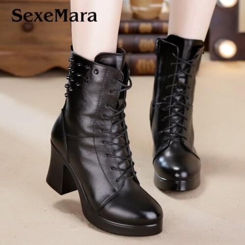 Fashion Black Motorcycle Boots Women High Heel winter warm Lace-up Woman genuine leather boots Mid-Calf Red Laides Rive shoes