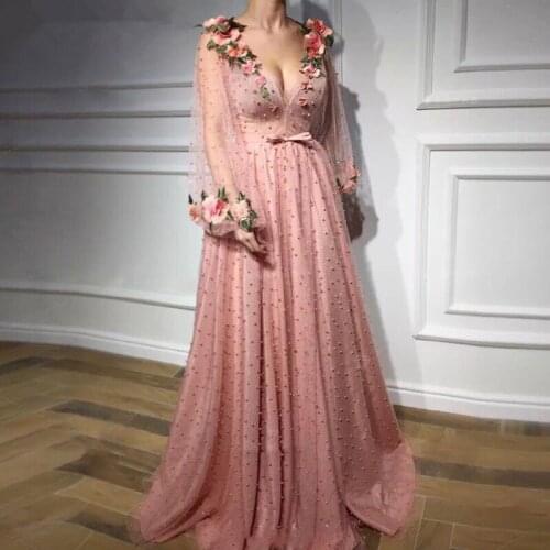 Muslim Evening Dresses A-line Deep V-neck Long Sleeves Tulle Pearls Flowers Dubai Saudi Arabic Long Formal Evening Gown