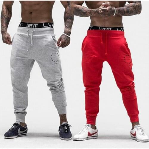 Mens Fitness Sports GYM Bodybuilding Workout Running Pants Breathable Slim Cotton Fit With Small Feet Trousers Black White Red