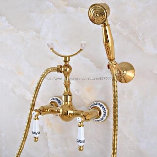Luxury Gold Color Brass Wall Mounted Shower Set Hand Shower Bathroom Double Handle shower faucet Nna929