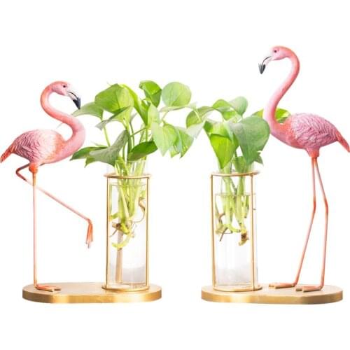 Wrought Iron Flamingo Hydroponic Plant Vase Home Decoration Decoration Creative Living Room Green Radish Transparent Glass Vase