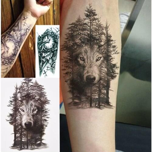 1Pc Waterproof Temporary Tattoo Sticker Chest Clock Wolf Forest Tatto Stickers Flash Tatoo Fake Tattoos For Women Men