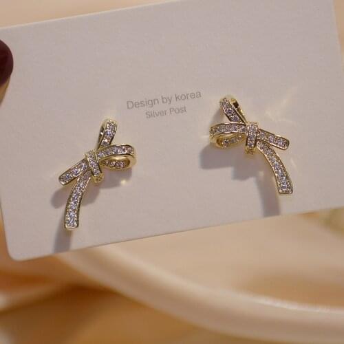 Japanese&Korea Delicate Jewelry 14K Real Gold AAA Zircon Knot Stud Earrings for Women Luxury Diamond Earrings