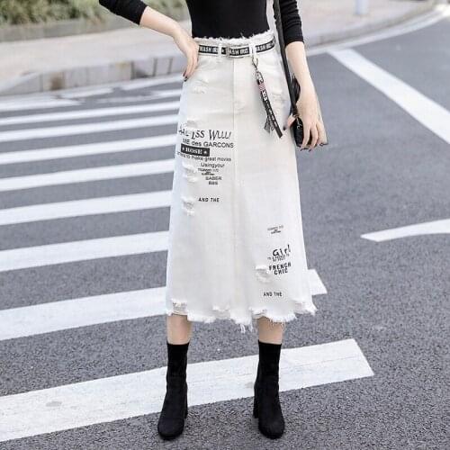 Hole Denim Skirt Women Plus Size 5XL 2021 Spring Summer Fashion Print Mid Long Skirts High Waist Casual White Jean Skirt G1148