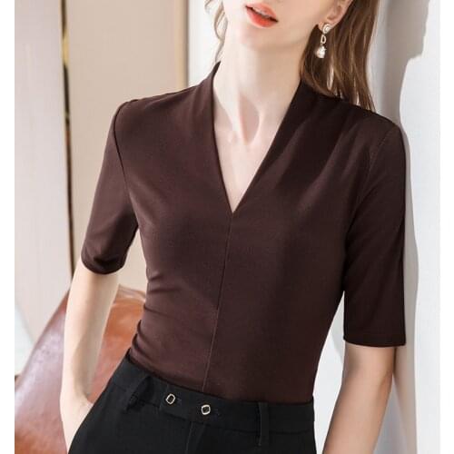 Womens top Lady Half sleeve V-collar tshirt Solid color all match Basic Shirt Causal lady office Blause