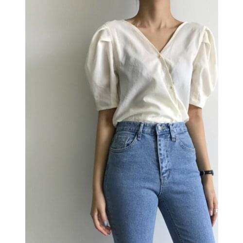 2021 New Women Summer Vintage Cotton V Neck Blouse Puff Sleeve Inclined Single Breasted Shirt Solid Color Short Tops