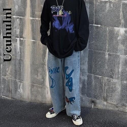 Ucuhulnl 2021 New Summer Casual Jeans Woman Long Trousers Cowboy Female Loose Streetwear Hit Color Graffiti Pants