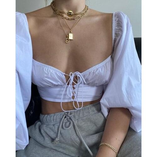 Summer Womens New Long Sleeve Square Neck Strap Cardigan Open Navel Slim Fit Versatile T-Shirt Solid Short Top