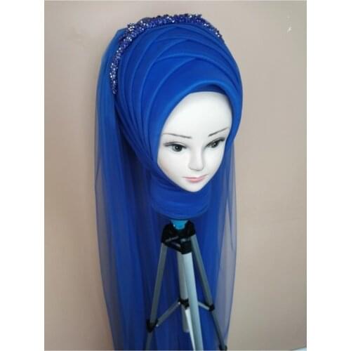 Womens Blue Color Muslim Hijab Scarf Ready to Wear Turban Islamic Headscarf Female Head Wraps lycra tulle Shawl wedding party