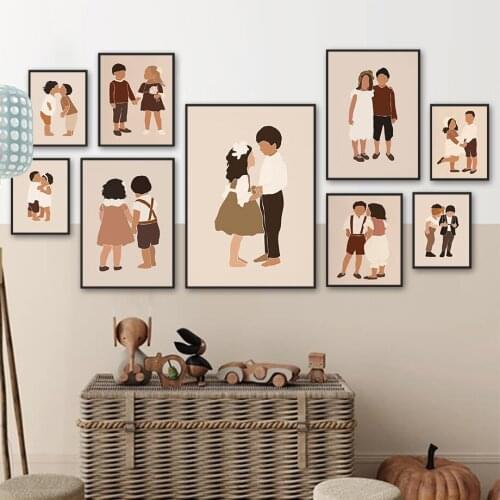 Boho Cartoon Boy Girl Love Family Vintage Wall Art Canvas Painting Nordic Posters And Prints Wall Pictures Baby Kids Room Decor