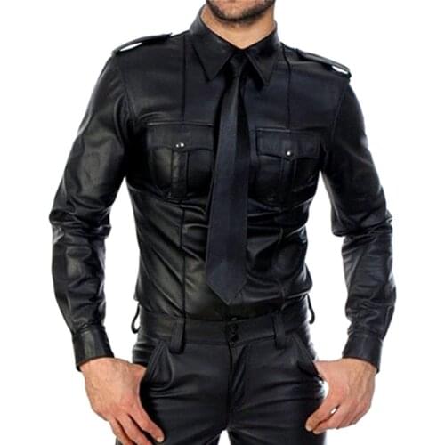 Men Faux leather Shirts PU Leather T Shirts Men Sexy Fitness Tops Gay Latex T-shirt Tees Mens stage Tops Tee Sexy Party Clubwear