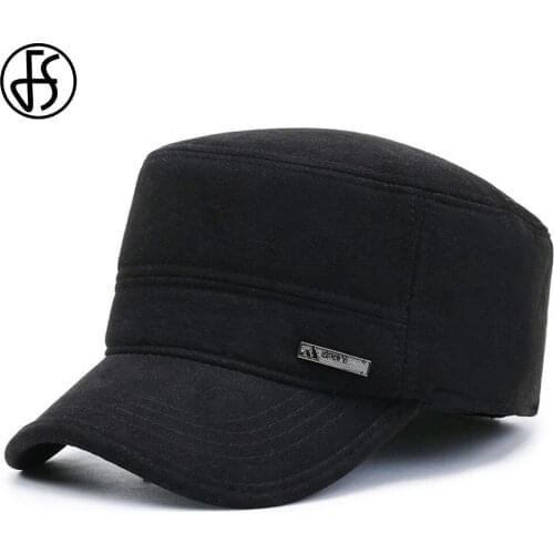 FS 2021 Winter Caps For Men Women Flat Top Baseball Cap With Ear Flaps Black Navy Gray Military Hats Thick Warm Felt Hat Bone