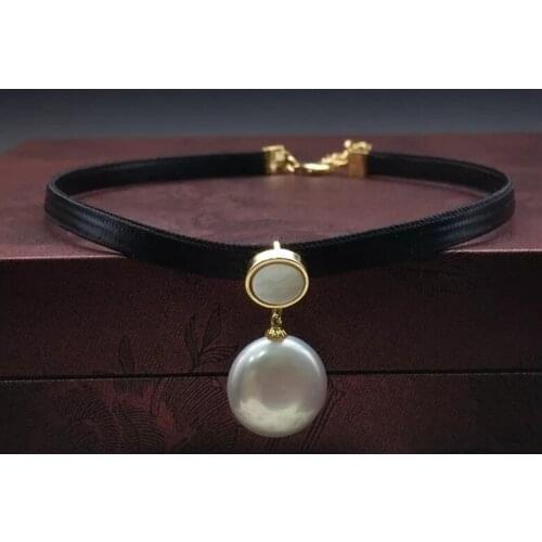 Freshwater pearl white coin 13-14mm chocker leather necklace 16inch wholesale beads nature FPPJ woman