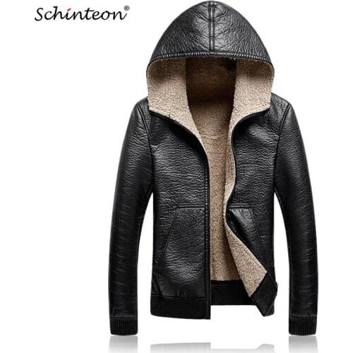 Schinteon 2019 Men Winter Leather Jacket PU Leather With Hood Outwear Inside Faux Fur Lining Clothing M-5XL Black
