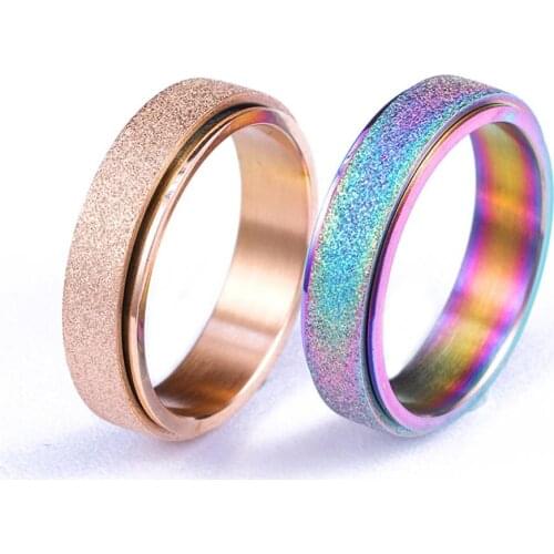 Men and women multicolor rose gold stainless steel fine-tuning ring can rotate frosted lucky ring rainbow wedding couple ring