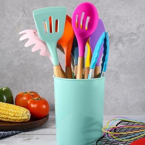 12PCS Silicone Cooking Utensils Set Non-stick Spatula Shovel Wooden Handle Cooking Tools Set With Storage Box Kitchen Tools