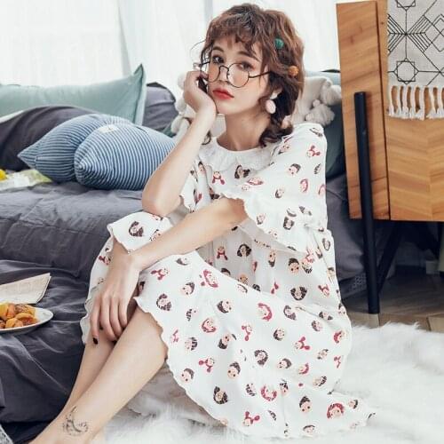 Womes Nightdress Female Summer Cotton Short-sleeved Sweet Loose Home Service Soft Elegant Night Dress Korean Version Pijamas