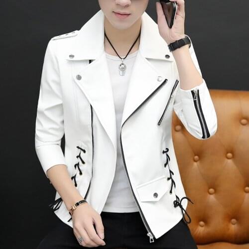2021 new leather man lapel locomotive cultivate ones morality teen fashion inclined zipper PU leather jacket