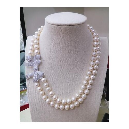Genuine 9-10MM natural pearl necklace double Necklace Bowknot flower 925 Silver clasp