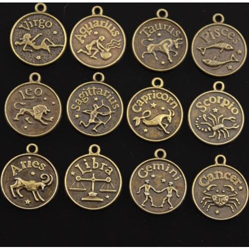 10pcs Charms Zodiac Sagittarius Scorpio Aquarius Cancer Leo Libra Taurus 20x17mm Mixed Bronze Pendants Jewelry DIY Making Gift