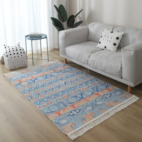 Retro Ethnic Carpet for Living Room Anti-Slip Blue Bedroom Rug Macrame Prayer Parlor Mats Cotton Linen Hand Knot Tassel Carpets