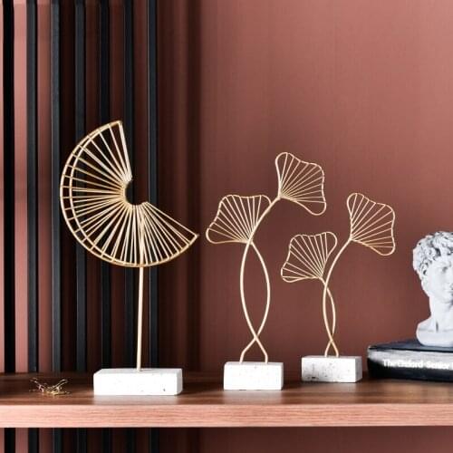 Nordic Luxury Metal Double Branch Ginkgo Leaf Fan Ornaments Home Livingroom Furnishing Crafts Office Desk Figurines Decoration