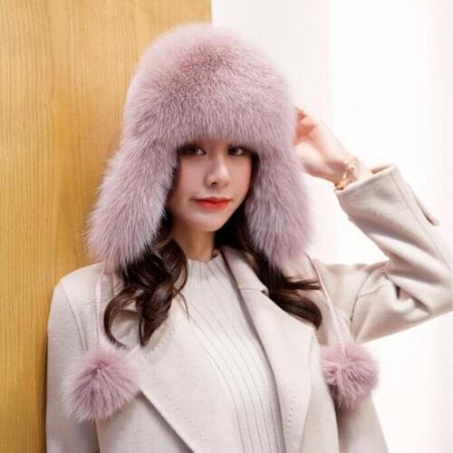 2020 New Fur Hat Women Natural Raccoon Fox Fur Russian Ushanka Hats Winter Thick Warm Ears Fashion Bomber Cap Raccoon Snow Caps