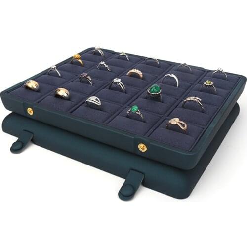 Dark Blue Pu Leather Concealed Button Jewelry Ring Pendant Display Tray Built-in 20 Cell Card Slot For Organizer Counter Window