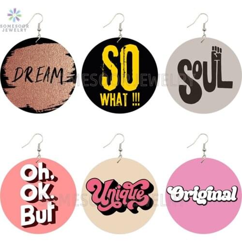 SOMESOOR Unique Original Soul Cute Writings Africa Wood Drop Earrings Comic Arts Printed Wholesale Dangle Jewelry For Women Gift