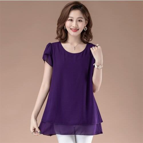 New Summer Women Solid Chiffon Blouse Casual Loose Elegant Tops Female Short Sleeve Fashion Shirts Plus Size M-8XL