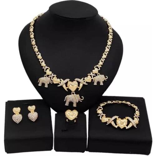New African Jewelry Sets Trendy Necklace Earrings Bracelet Ring for Women Gold Color Jewellery Wedding Accessories