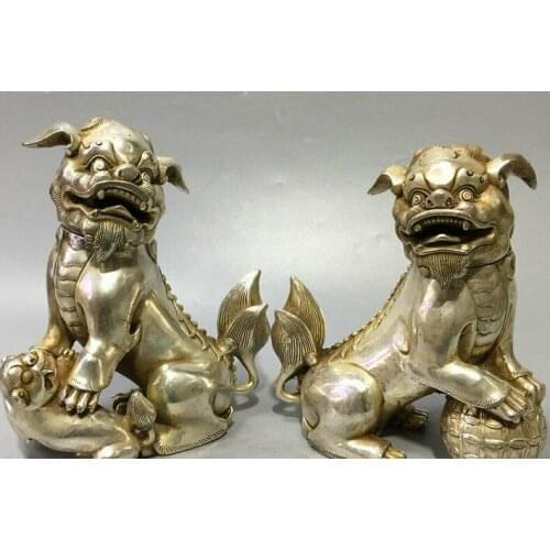 7" Chinese Silver Guardian Foo Fu Dog Door Lion Beast Incense Burners censer