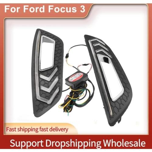2PCS 12V LED Car DRL For Ford Focus 3 mk3 2015~2018 Turn signal and dimming style Relay daytime running light Fog lamp