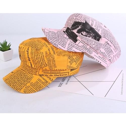 Newspaper Beret Printed Letters Navy Hat Couple Street Outdoor UV Protection Adjustable Flat Top Cap Artist Painting
