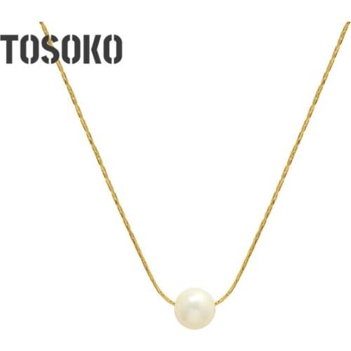 TOSOKO Stainless Steel Pendant Necklace Minimalist 18 K golden Fine Neck Chain Freshwater Pearl Necklace BSP205