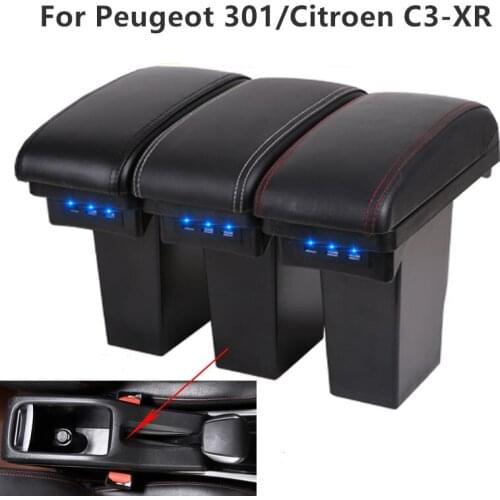 For Peugeot 301 2008 Citroen C3-XR 2017 2018 2019 Car Armrest Box 3 USB Leather Center Storage Box Accessories